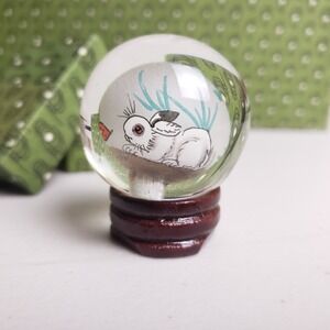 Vintage Chinese Inside Painted Glass Orb Rabbit Art Sphere Marble With Stand